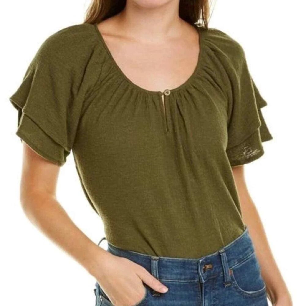 NWT Madewell Olive Green textured Thread Tiered short Sleeve Blouse Top Medium